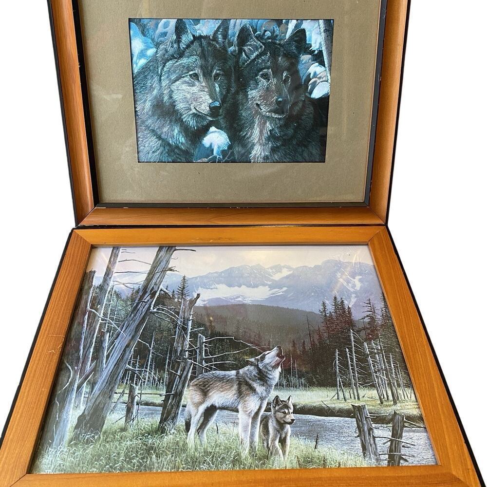Vintage Kevin Daniel Art Print Wolves Stream Landscape Lithograph Signed Frame